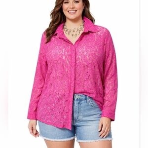 Hot Pink Lace Button-Down Shirt
